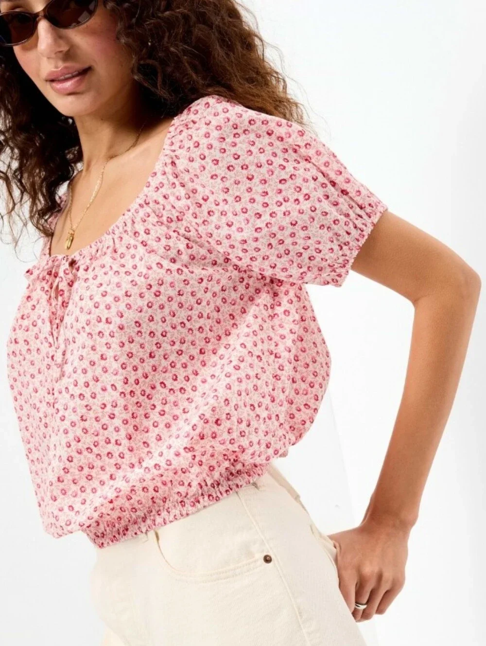 Old Navy Pink Floral Tie-Front Peasant Blouse